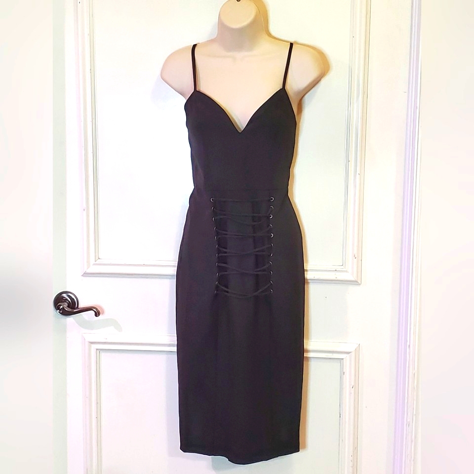 Selfie Leslie Ivy Lace-Up Waist Bodycon Dress In Black, Sleeveless, Medium, Nwt